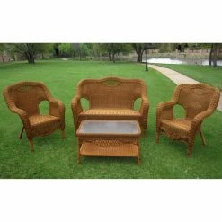 Hot Sale 🧨 Resin Wicker Patio Sets International Caravan San Tropez All-Weather Wicker Settee Set - Set Of 4 👍