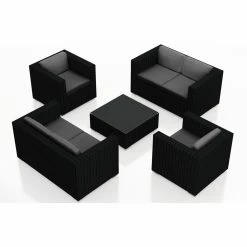 Best Sale 👍 Resin Wicker Patio Sets Harmonia Living Urbana All Weather Wicker 5 Piece Double Loveseat Patio Conversation Set 🧨