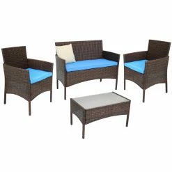 Best reviews of ๐คฉ Sunnydaze Decor Resin Wicker Patio Sets Sunnydaze Dunmore 4 Piece Patio Conversation Furniture Set - Brown And Blue ๐ฅ