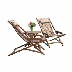 Cheapest 🌟 Wood Patio Sets Vineyard 3 Piece Eucalyptus Outdoor Swing Lounger Conversation Set With Folding Table 🤩
