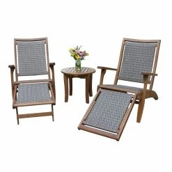 Discount 🎁 Resin Wicker Patio Sets Vineyard 3 Piece Eucalyptus And Resin Wicker Outdoor Lounger With Extension Ottoman And Round Accent Table Conversation Set 💯