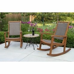 Coupon 😍 Eucalyptus Patio Sets Vineyard 3-Piece Wicker And Eucalyptus Rocking Chair Set With Sandstone Table 😉