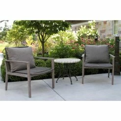 Best Sale 🔥 Eucalyptus Patio Sets Vineyard 3-Piece Grey Wash & Nautical Rope Lounge Set With Mosaic Table ⌛