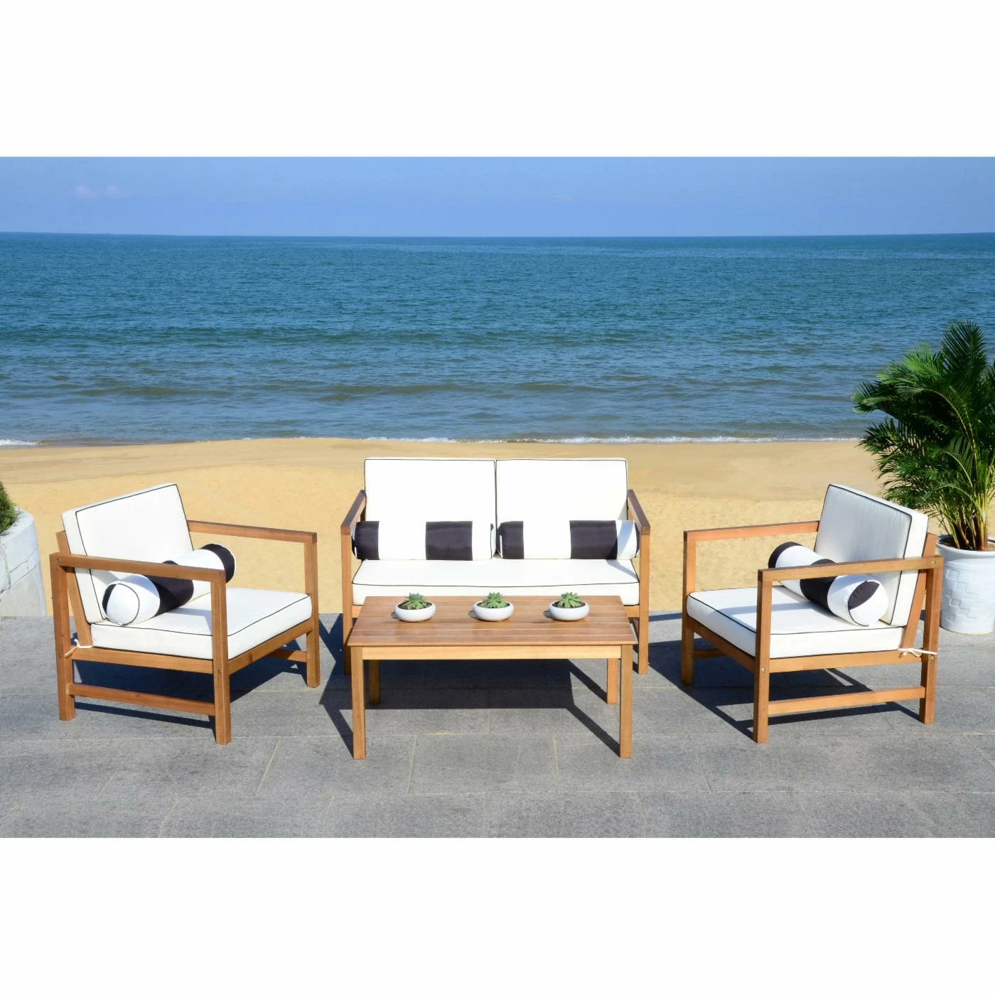 Top 10 π Wood Patio Sets Safavieh Montez Eucalyptus Wood 4-Piece Conversation Set With Accent Pillows π