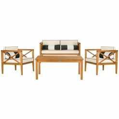 Best Pirce 🥰 Teak Patio Sets Safavieh Nunzio Eucalyptus Wood 4-Piece Conversation Set With Accent Pillows 😀
