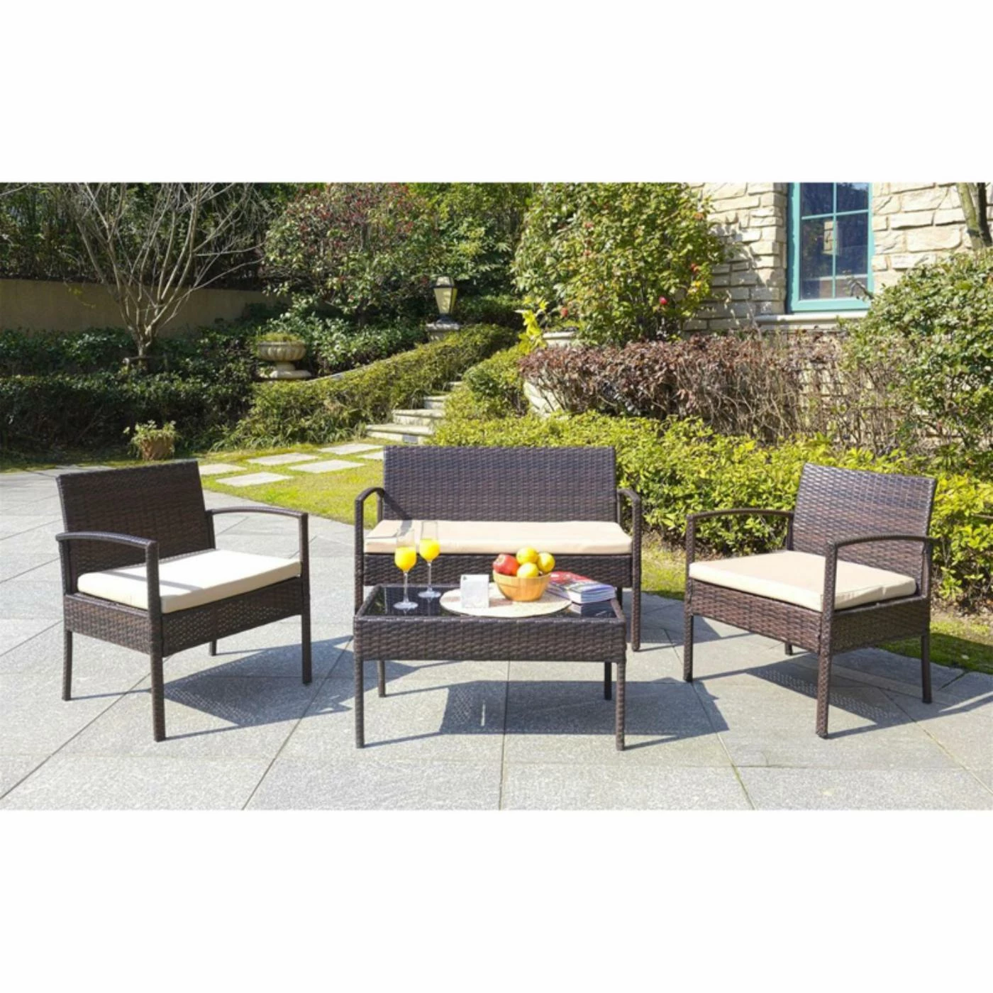 Budget π Resin Wicker Patio Sets Safavieh Mattia Resin Wicker 4-Piece Conversation Set π―