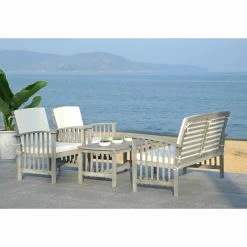 Best Sale 🥰 Wood Patio Sets Safavieh Rocklin Wood 4 Piece Outdoor Conversation Set 🌟