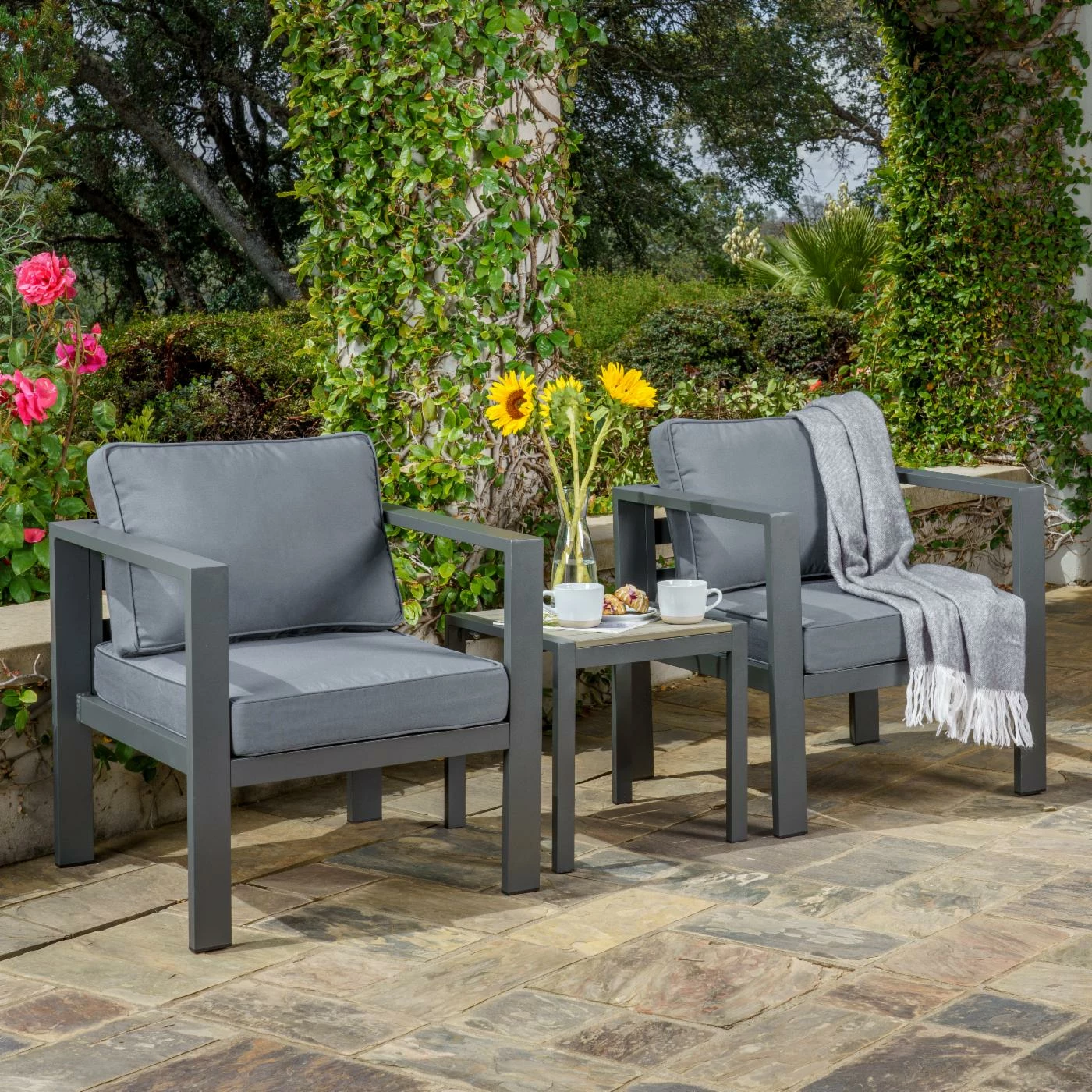 Hot Sale ๐ Aluminum Patio Sets Tortuga Outdoor Lakeview 3-Piece Seat Set With 2 Club Chairs And Side Table - Grey/Charcoal โจ